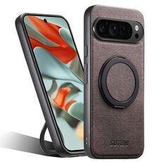 Per Google Pixel 9 Pro XL Suteni G3 360 Supporto Rotante MagSafe Denim Custodia Posteriore in Pelle per Telefono (Marrone)