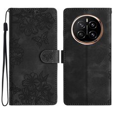 Custodia per telefono in PU goffrato con motivo a farfalla in fiore di ciliegio per Honor Magic7 Pro (nero)