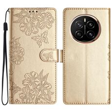 Custodia per telefono in PU goffrato con effetto pelle di farfalla per Honor Magic7 Pro Cherry Blossom (oro)