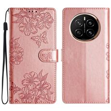 Custodia per telefono in PU goffrato con effetto pelle di farfalla per Honor Magic7 Pro Cherry Blossom (oro rosa)