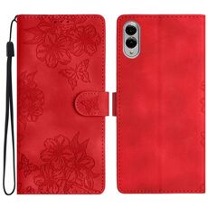 Per Samsung Galaxy S25 Edge 5G Custodia per telefono in PU goffrato con motivo a farfalla in fiore di ciliegio (rosso)