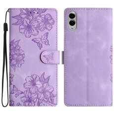 Per Samsung Galaxy S25 Edge 5G Custodia per telefono in PU goffrato con motivo a farfalla e fiori di ciliegio (viola)