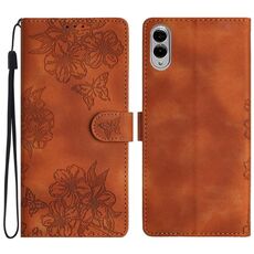 Per Samsung Galaxy S25 Edge 5G Custodia per telefono in PU goffrato con motivo a farfalla in fiore di ciliegio (marrone)