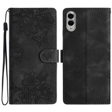 Per Samsung Galaxy S25 Edge 5G Custodia per telefono in PU goffrato con motivo a farfalla in fiore di ciliegio (nero)