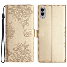 Per Samsung Galaxy S25 Edge 5G Custodia per telefono in PU goffrato con motivo a farfalla in fiore di ciliegio (oro)