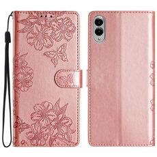 Per Samsung Galaxy S25 Edge 5G Custodia per telefono in PU goffrato con motivo a farfalla e fiori di ciliegio (oro rosa)