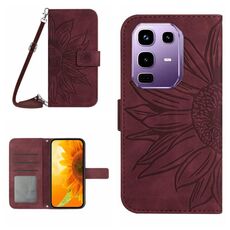 Custodia in pelle con stampa a fiore di sole per Infinix Note 50 Pro 4G / Note 50 4G con cordino (rosso vino)