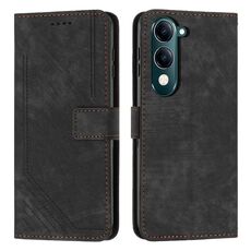 Per vivo Y29s 5G / Y04 4G Custodia in pelle con motivo a strisce Skin Feel con cordino (nero)