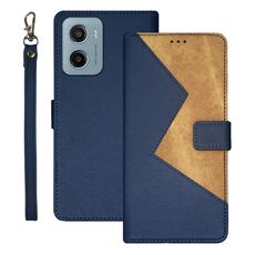 Per Motorola Moto E15 idewei Custodia per telefono in pelle bicolore con cuciture (blu)