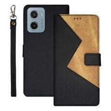 Per Motorola Moto E15 idewei Custodia per telefono in pelle bicolore con cuciture (nera)