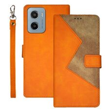 Per Motorola Moto E15 idewei Custodia per telefono in pelle bicolore con cuciture (arancione)