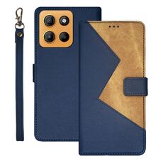 Per Motorola Moto G15 idewei Custodia per telefono in pelle bicolore con cuciture (blu)