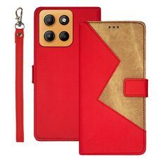 Per Motorola Moto G15 idewei Custodia per telefono in pelle bicolore con cuciture (rosso)