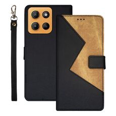 Per Motorola Moto G15 idewei Custodia per telefono in pelle con cuciture bicolore (nera)
