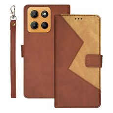 Per Motorola Moto G15 idewei Custodia per telefono in pelle bicolore con cuciture (marrone)