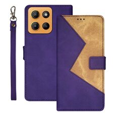 Per Motorola Moto G15 idewei Custodia per telefono in pelle bicolore con cuciture (viola)