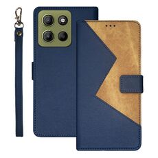 Per Motorola Moto G15 Power idewei Custodia per telefono in pelle con cuciture bicolore (blu)