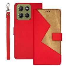 Per Motorola Moto G15 Power idewei Custodia per telefono in pelle bicolore con cuciture (rosso)