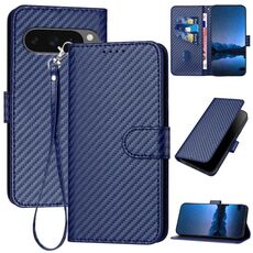 Per Google Pixel 10 / Pixel 10 Pro YX0070 Custodia per telefono in pelle con fibbia in fibra di carbonio e cordino (blu reale)