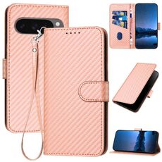Per Google Pixel 10 / Pixel 10 Pro YX0070 Custodia in pelle con fibbia in fibra di carbonio e cordino (rosa)