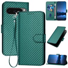 Per Google Pixel 10 / Pixel 10 Pro YX0070 Custodia in pelle con fibbia in fibra di carbonio e cordino (verde scuro)