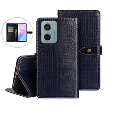 Per Motorola Moto E15 idewei Custodia per telefono in pelle con texture di coccodrillo (blu scuro)