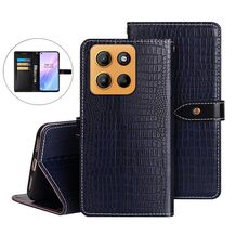 Per Motorola Moto G15 idewei Custodia per telefono in pelle con texture di coccodrillo (blu scuro)