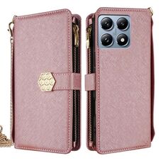 Per Xiaomi 14T Pro 5G Custodia a tracolla in pelle con texture incrociata (oro rosa)
