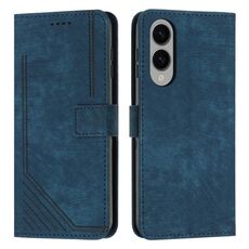 Per Samsung Galaxy S25 Edge 5G Custodia in pelle con motivo a strisce Skin Feel e cordino lungo (blu)