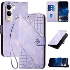 Per vivo Y29s 5G / Y04 4G Global Grid Butterfly Embossed Pattern Custodia in pelle per telefono con cordino (viola chiaro)
