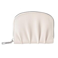 Portafoglio da donna con cerniera in PU, plissettato, corto, semplice, in tinta unita (beige)