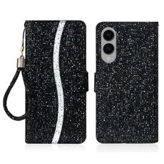 Per Samsung Galaxy S25 Edge 5G Custodia in pelle con glitter e pellicola protettiva (nera)