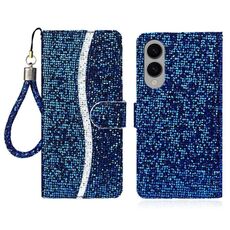 Per Samsung Galaxy S25 Edge 5G Custodia in pelle con glitter e pellicola protettiva (blu)