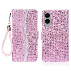 Per Samsung Galaxy S25 Edge 5G Custodia in pelle con glitter e pellicola protettiva (rosa)