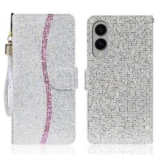 Per Samsung Galaxy S25 Edge 5G Custodia in pelle con glitter e pellicola protettiva (argento)