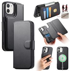 Per iPhone 12 / 12 Pro CaseNeo Finger Grip Strap MagSafe Custodia in pelle per telefono (nero)