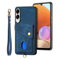 Per Samsung Galaxy S25 Edge 5G Retro Card Wallet Fold Custodia in pelle per telefono con cinturino (blu)