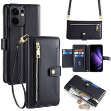 Per OPPO Reno13 F 5G / 4G Custodia per telefono in pelle con cerniera a tracolla con texture di pecora (nero)