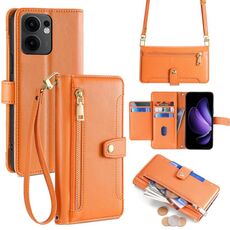 Per OPPO Reno13 F 5G / 4G Custodia per telefono in pelle con cerniera a tracolla con texture di pecora (arancione)