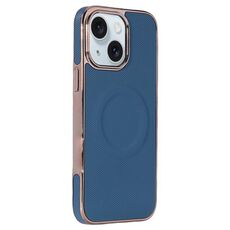 Per iPhone 15 Plus Custodia per telefono MagSafe in pelle con adesivo laterale morbido galvanizzato (blu scuro)