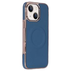 Per iPhone 14 Plus Custodia per telefono MagSafe in pelle con adesivo laterale morbido galvanizzato (blu scuro)