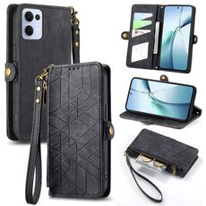 Per OPPO Reno13 Custodia per telefono in pelle con fibbia laterale e cerniera geometrica (nero)
