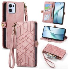 Per OPPO Reno13 Custodia per telefono in pelle con fibbia laterale e cerniera geometrica (rosa)
