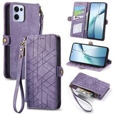 Per OPPO Reno13 Custodia per telefono in pelle con fibbia laterale e cerniera geometrica (viola)
