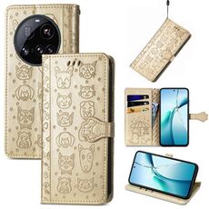 Per Xiaomi 15 Ultra Custodia in pelle goffrata con motivo a gatto e cane (oro)