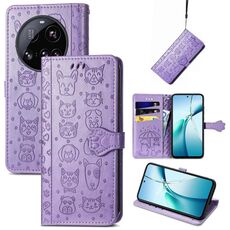 Per Xiaomi 15 Ultra Custodia in pelle goffrata con motivo a gatto e cane (viola)