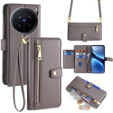 Per vivo X200 Pro 5G Custodia per telefono in pelle con cerniera a tracolla con texture di pecora (grigio)