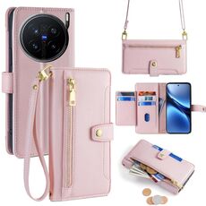 Per vivo X200 Pro 5G Custodia per telefono in pelle con cerniera a tracolla con texture di pecora (rosa)
