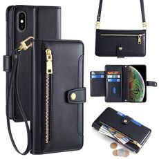 Per iPhone XS Max Custodia per telefono in pelle con cerniera e tracolla con texture di pecora (nero)