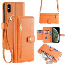 Per iPhone XS Max Custodia per telefono in pelle con cerniera a tracolla con texture di pecora (arancione)